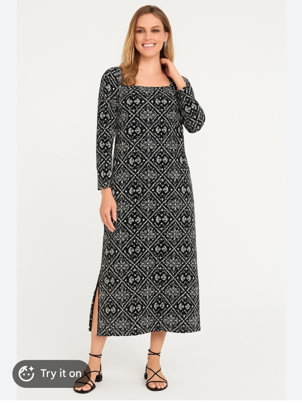 Tuckernuck Hyacinth House Large Square Neck Sabrina Midi Dress Black White Geo